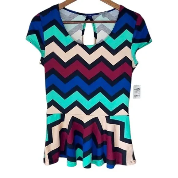 NWT Charlotte Russe Colorful Chevron Peplum Blouse Top L - Maroon Blue Tan Black - Picture 7 of 8